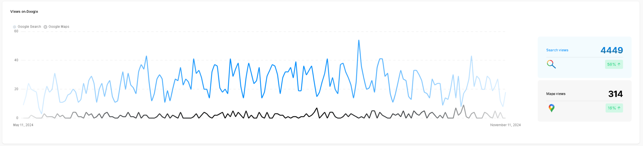 Line graph showcasing search and map views over time, reflecting client success stories with total search views at 4449 and map views at 314.