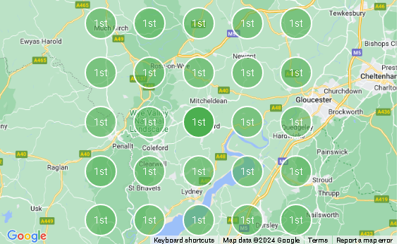 Map showing a series of green circles labeled "1st" across different locations in a region near Gloucester, with each circle signifying client success stories that highlight diverse industries and topics.